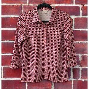 Talbots Top Shirt SIZE M Orange blue geometric Button Long Sleeve Career stretch